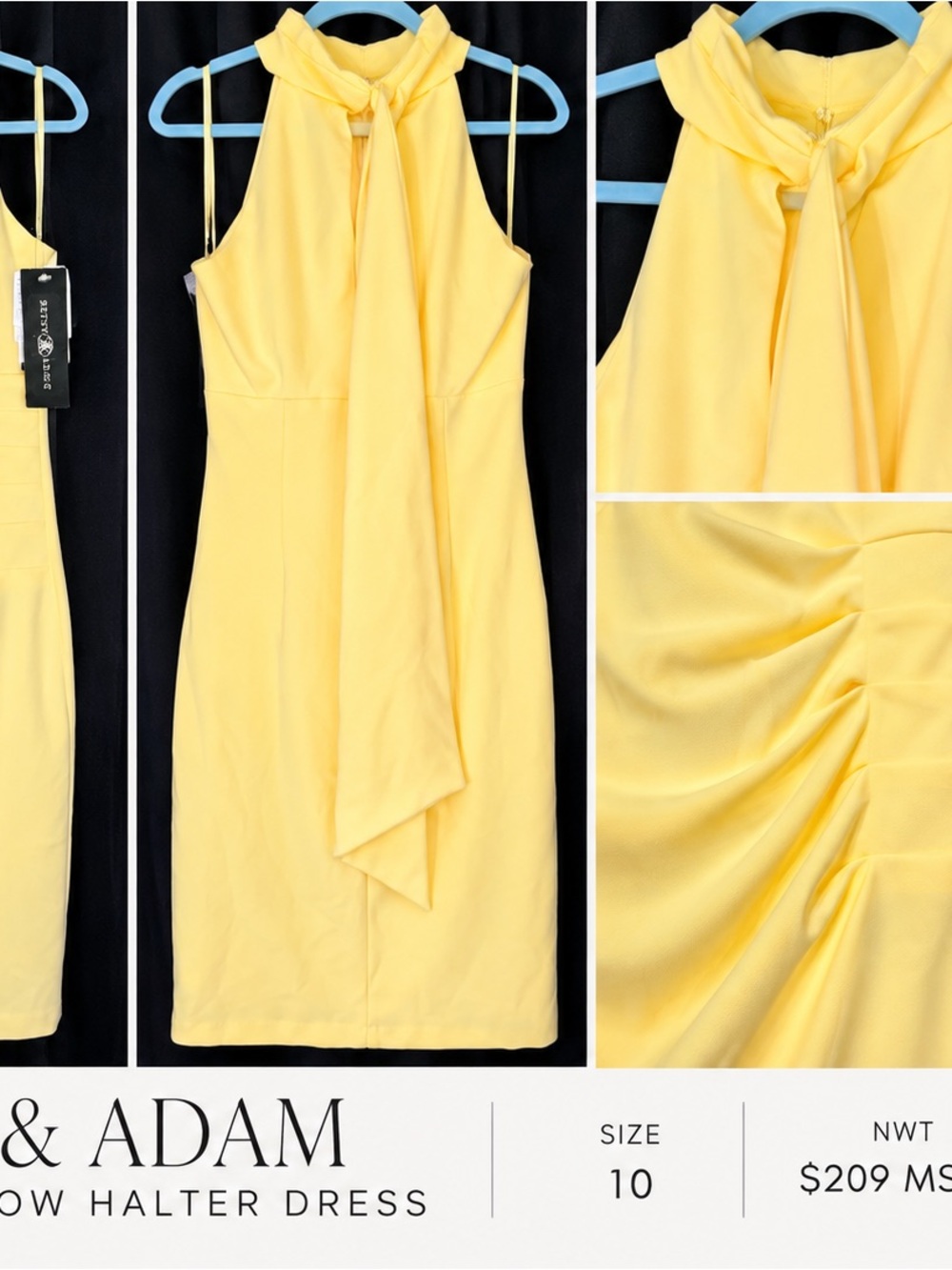 NWT Betsy & Adam Lemon Yellow Halter Ruched Midi Dress Size 10 $209